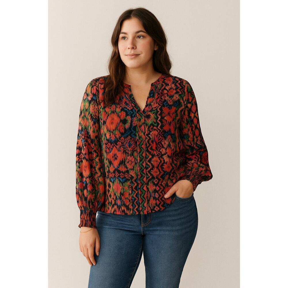 New Easel Boho Blouse Multicolor Tribal Print Top Long Sleeve Size Small